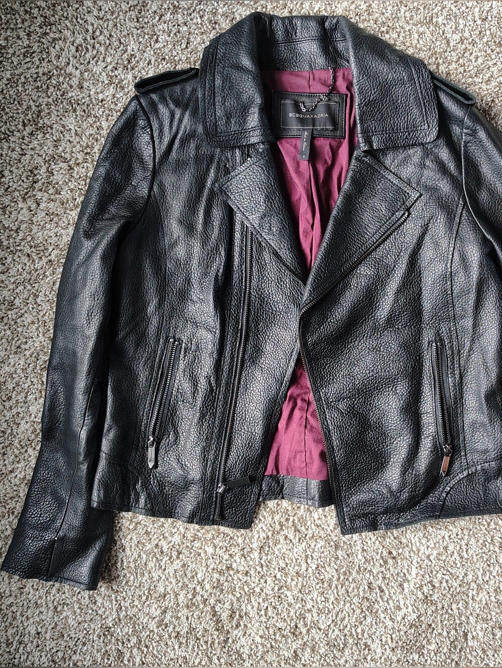 BCBGMaxAzria Black Lamb Leather Moto Jacket with Plum Lining